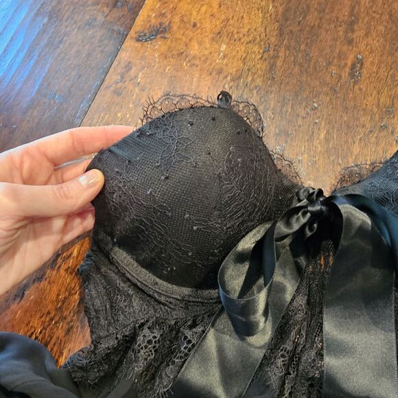 Black Sheer Lace Babydoll 36B Bow Flyaway Nightie Romanticcore Coquette Boudoir - Picture 4 of 9